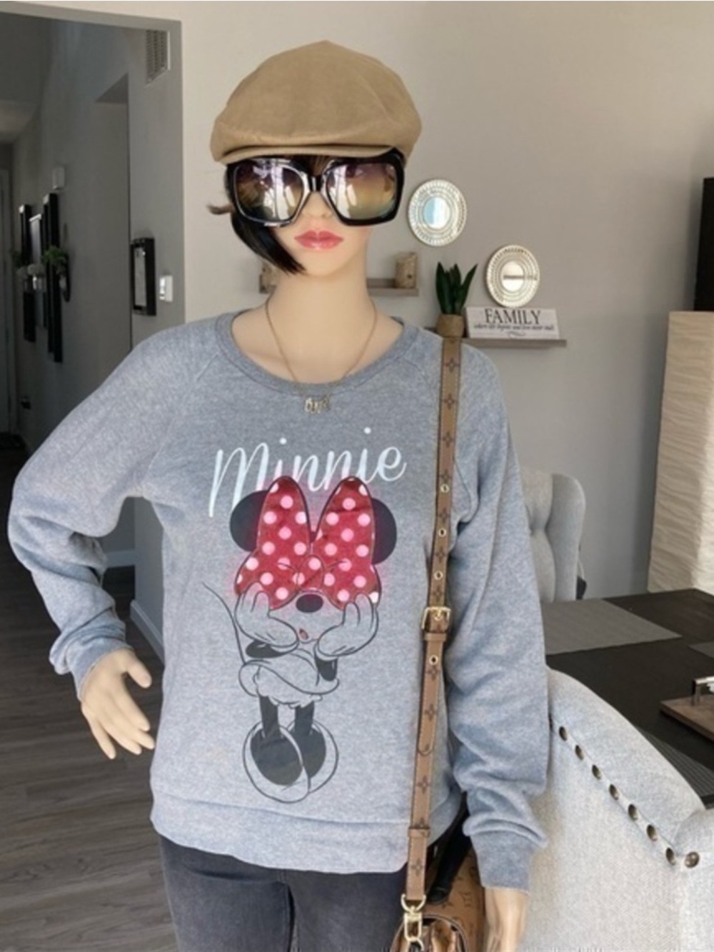 🌸 Disney Gray Minnie Mouse Sweatshirt with Red Polka-Dot Bow